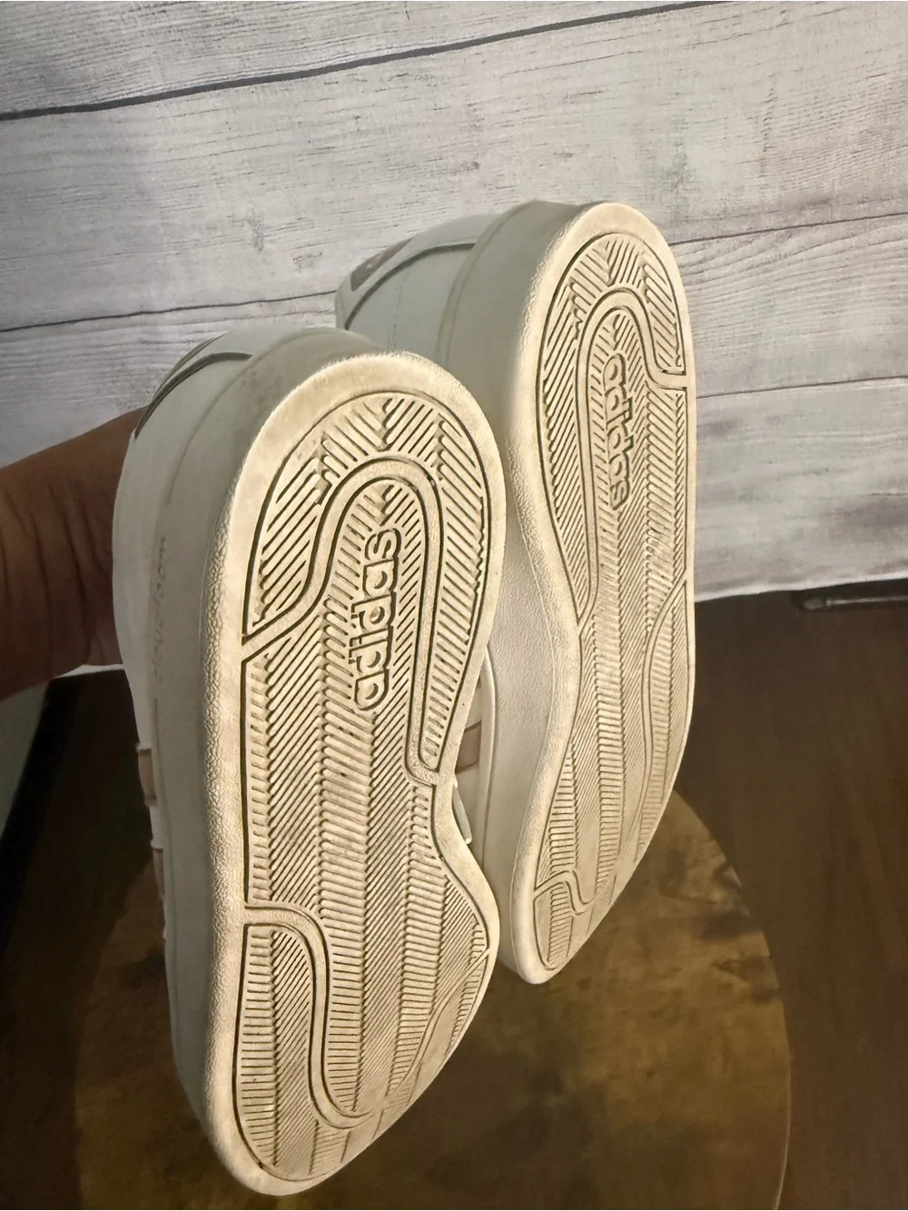 adidas Women’s White Sneakers with Rose Gold Stripes